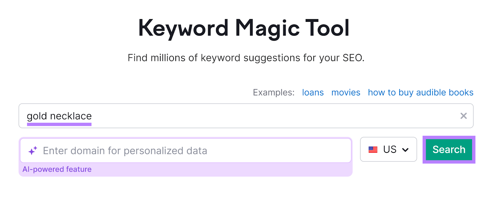 Semrush Keyword Magic Tool start with keyword and search button highlighted