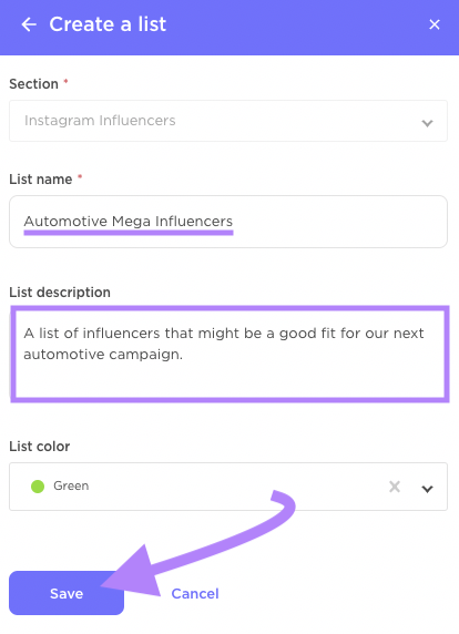 Influencer list named "Automotive Mega Influencers" and description added