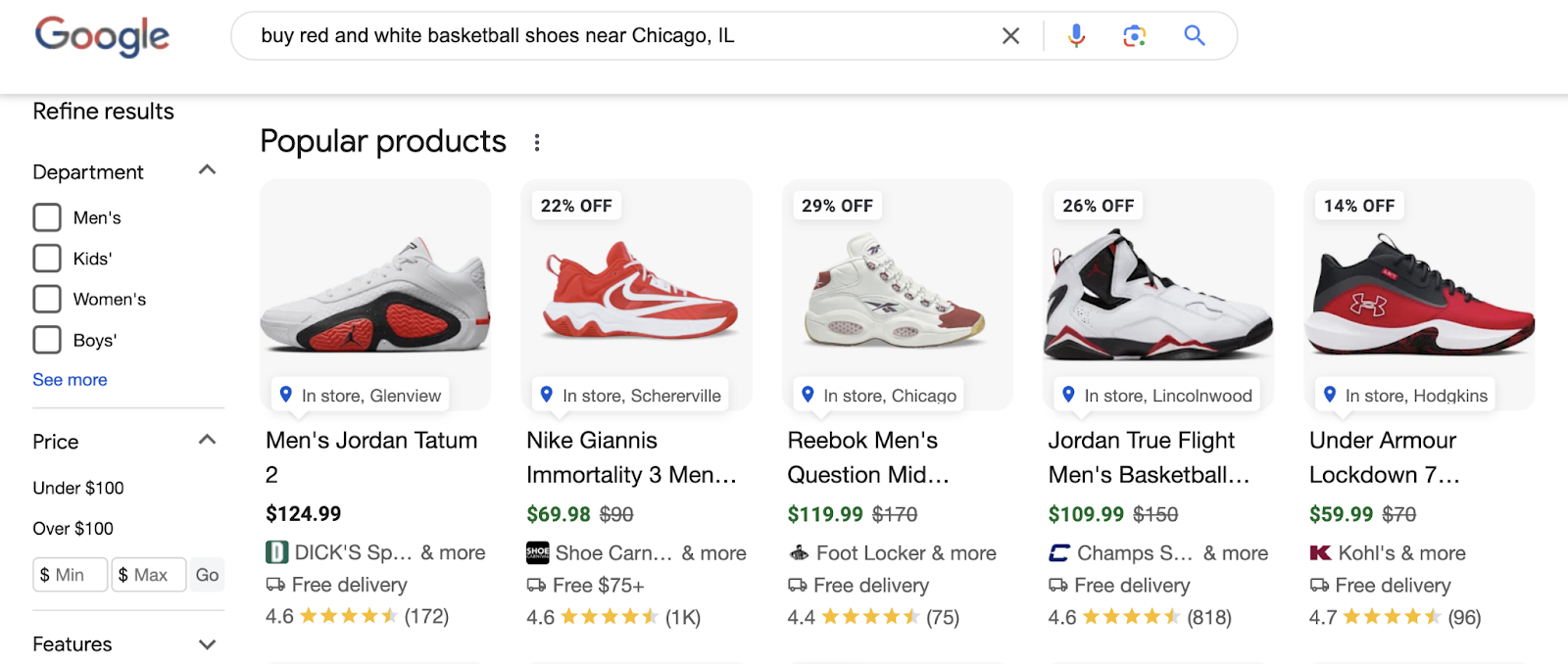 popular products section highlighted to show images of shoes, the retailer, star rating, and delivery information