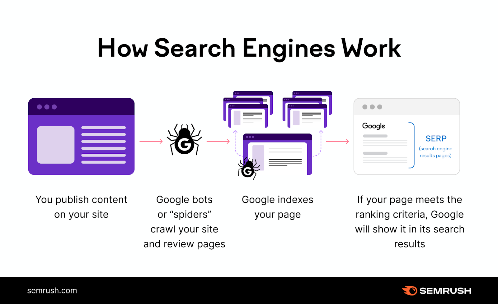 How search engines work: you publish content on your site. Google bots or "spiders" crawl your site and review pages. Google indexes your page. Then, if your page meets the ranking criteria, Google will show it in its search results