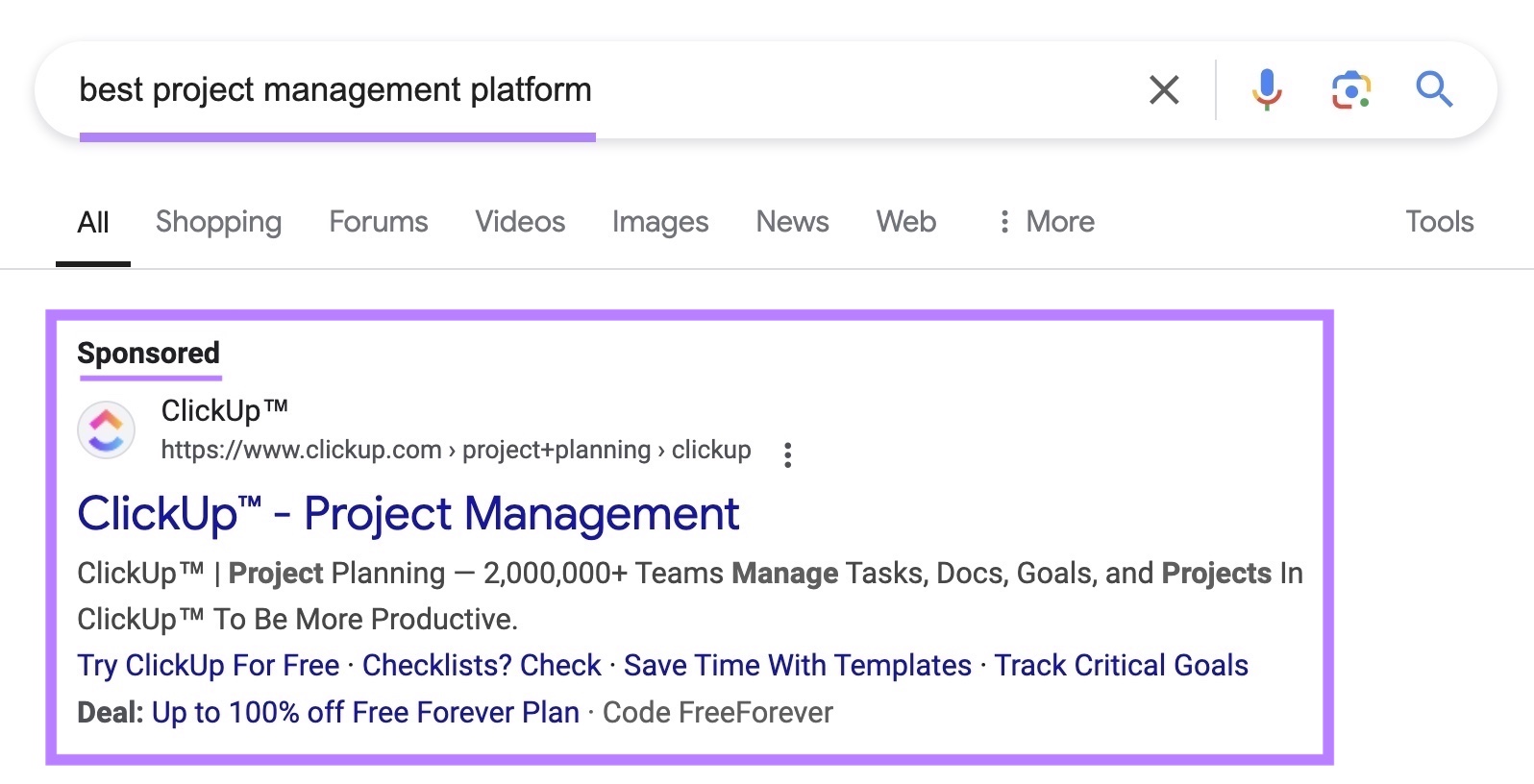 Google search ad for the term "best project management platform" with the "Sponsored" tag highlighted.