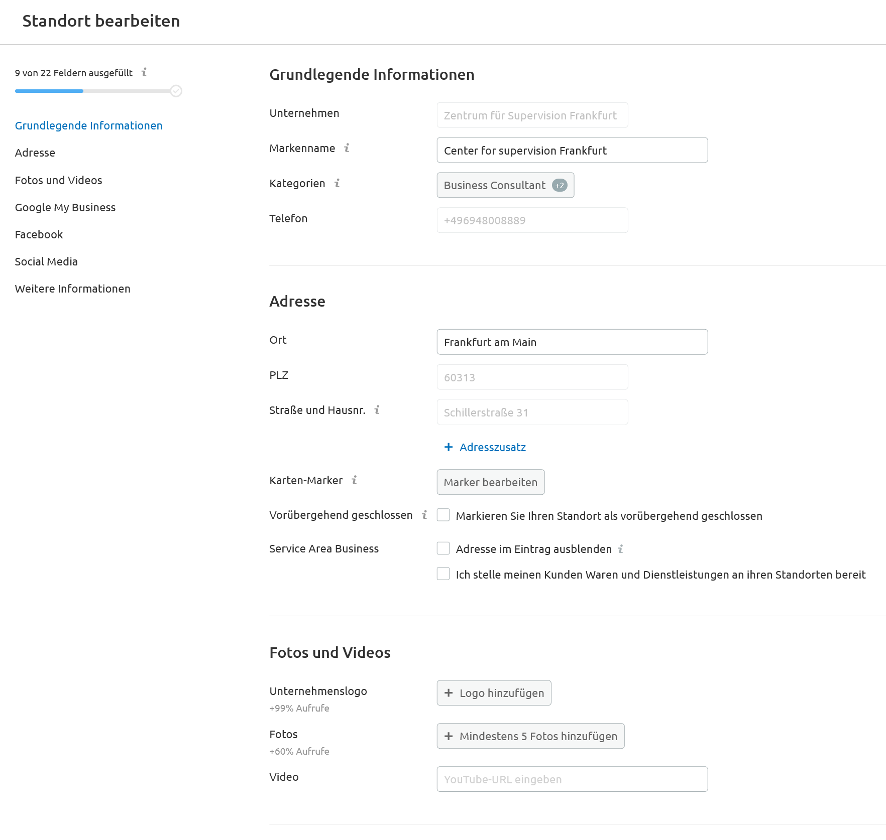 Listing Management Firmeninformationen ändern