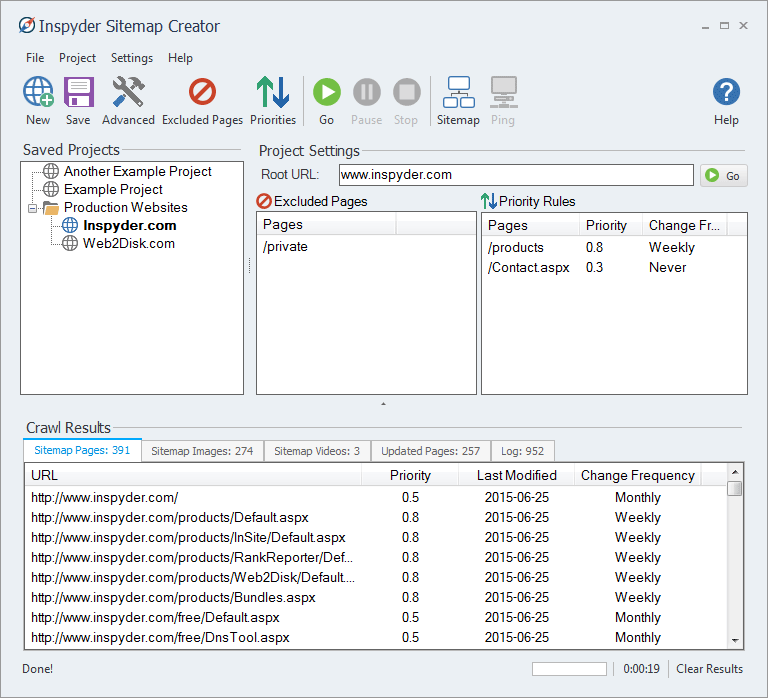 Inspyder sitemap creator interface