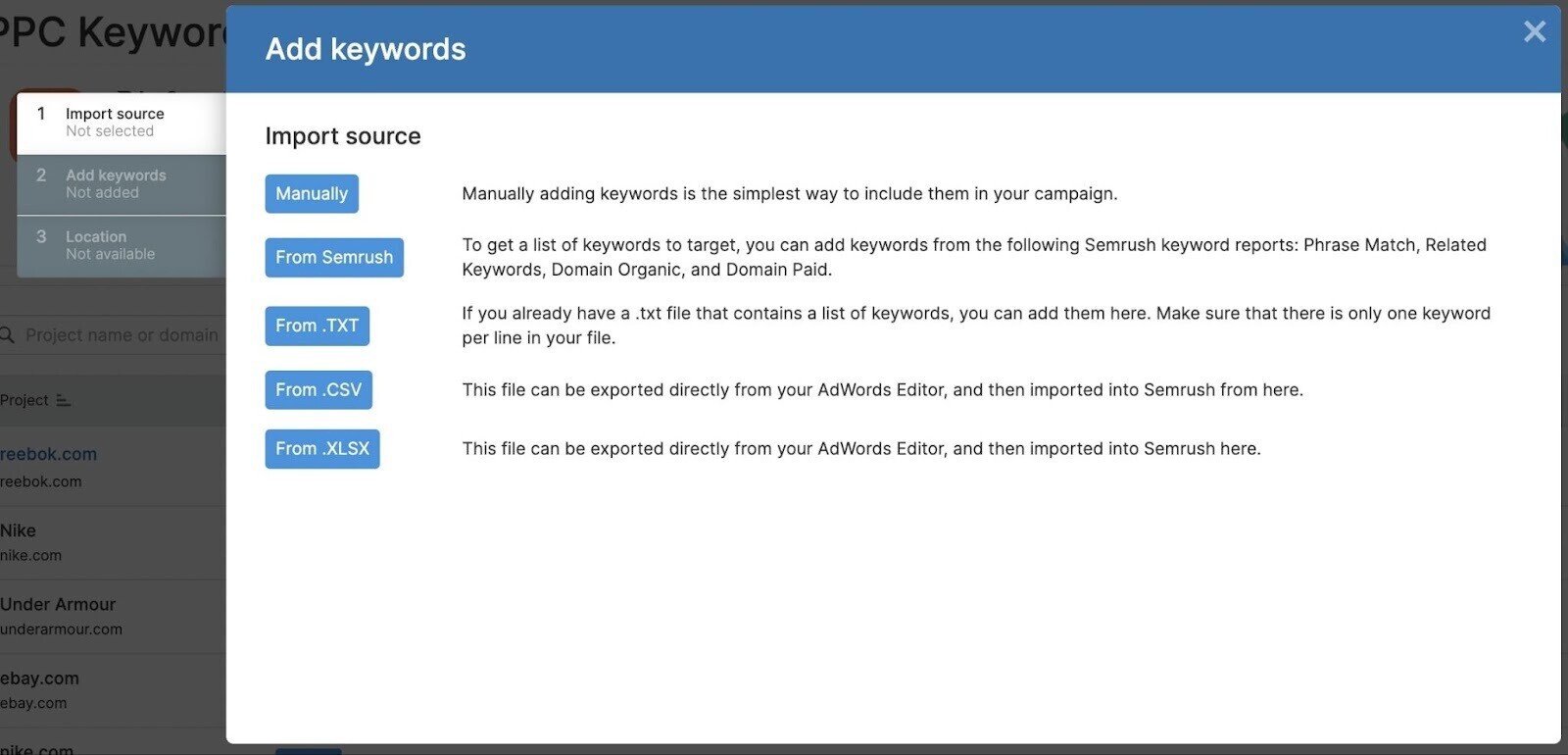 "Add keywords" step in PPC Keyword Tool
