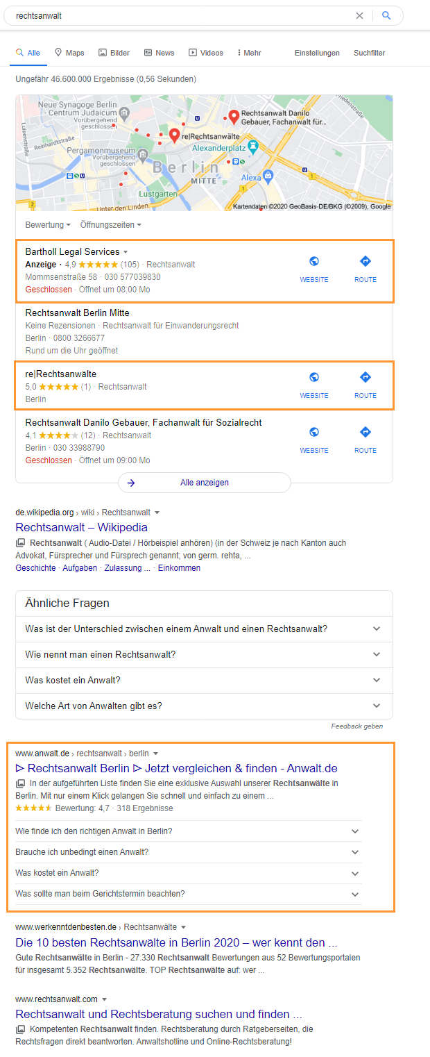 Gemischte lokale Suchergebnisse in Google