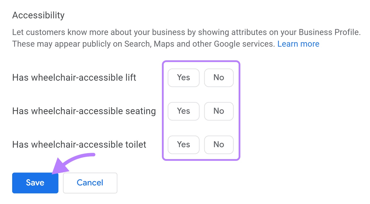 Editing "Accessibility" attributes of GBP