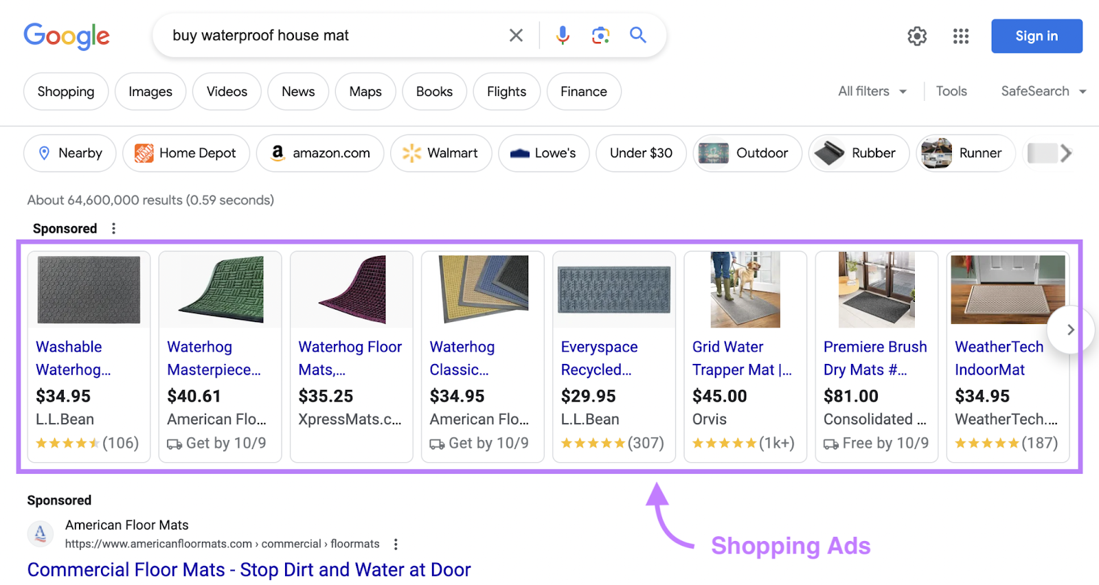 Google Shopping Ads for the query "buy waterproof house mat"