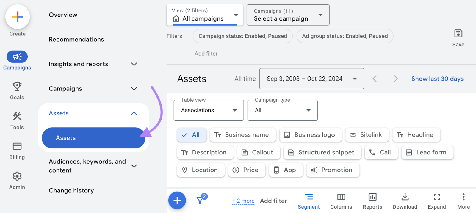 navigate to assets in google ads