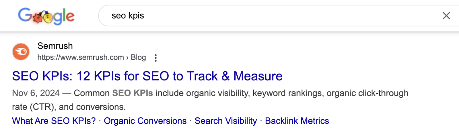 Google SERP for the keyword shows Semrush as the first organic listing.