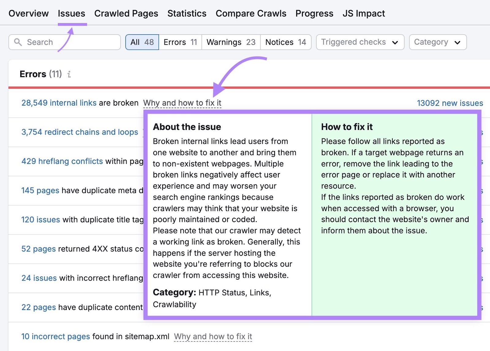 Site Audit Issues tab showing a list of website errors, warnings, and notices with the "Why and how to fix it" next to an issue clicked and highlighted.