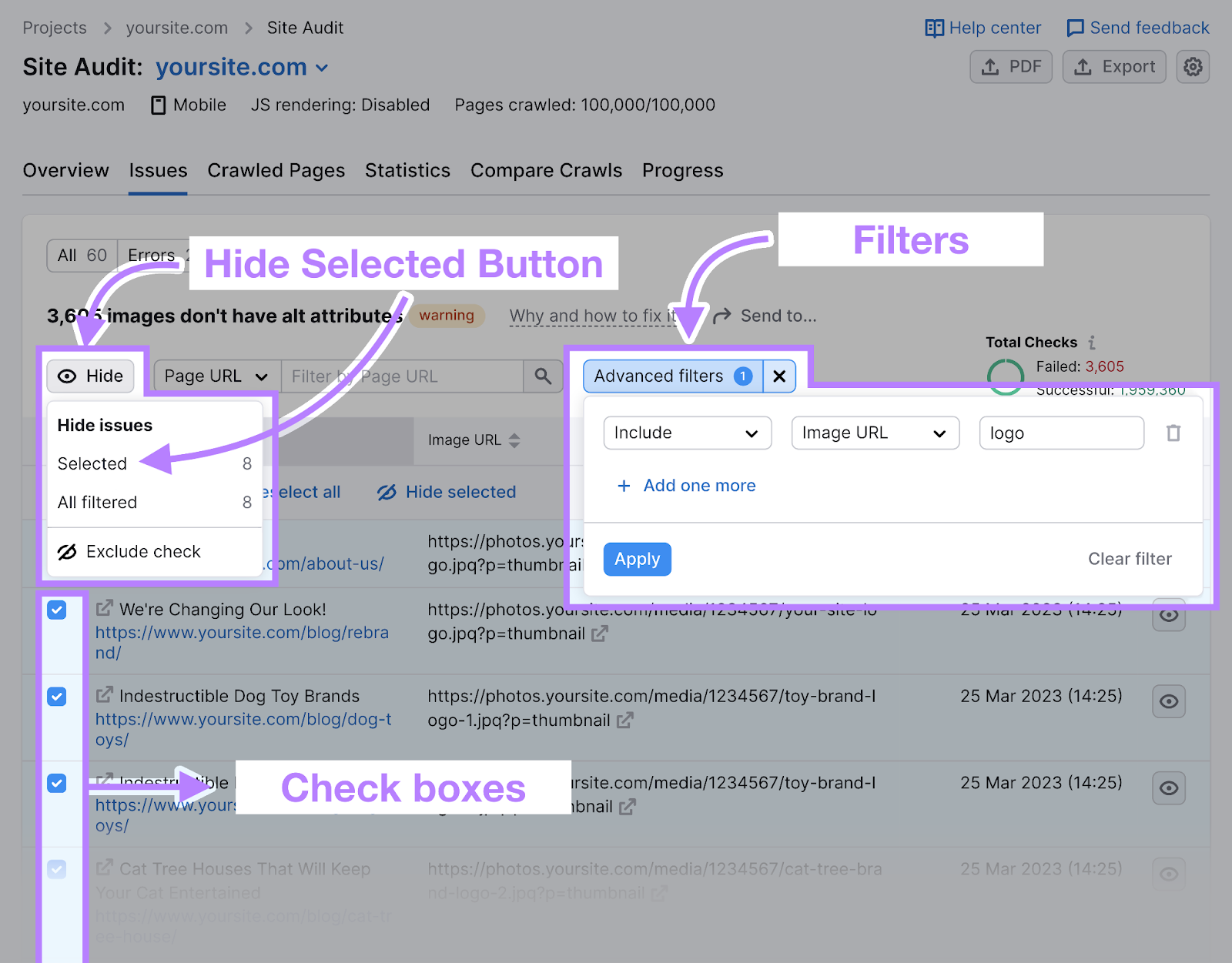 The Issues report in Semrush's Site Audit Tool. The "Advanced filters" and "Hide" buttons are highlighted. As are the check boxes alongside each result.