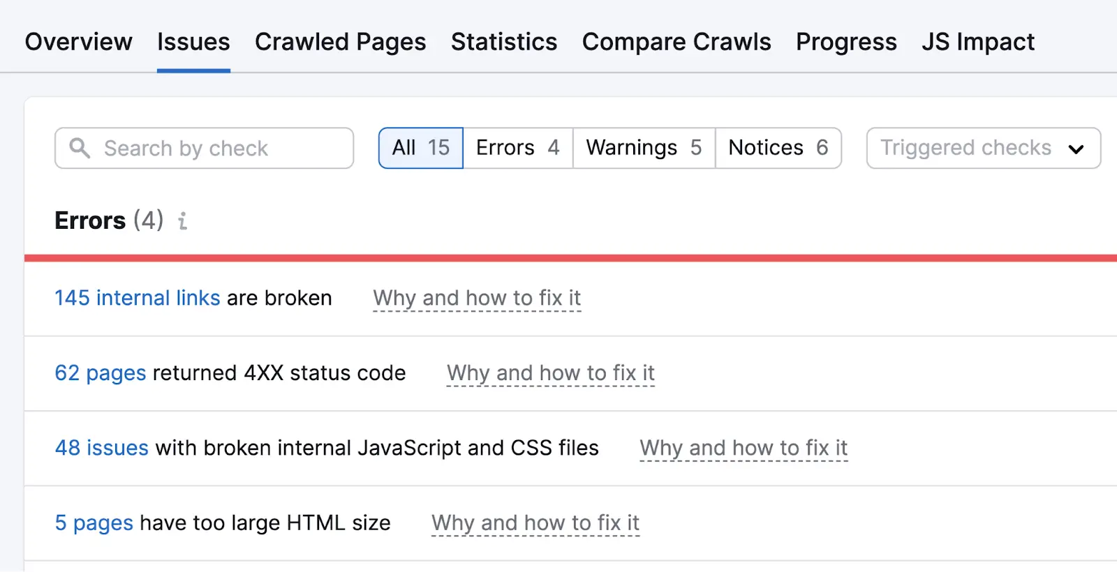 Issues section in Site Audit tool