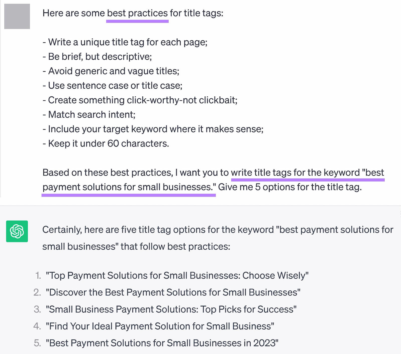 A prompt asking ChatGPT to generate generate title tags for chosen keyword
