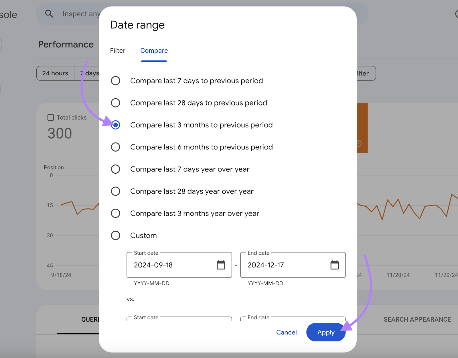 Date range comparison options shows last 3 months option is highlighted.