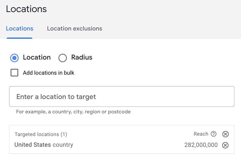 Google Ads location settings interface.