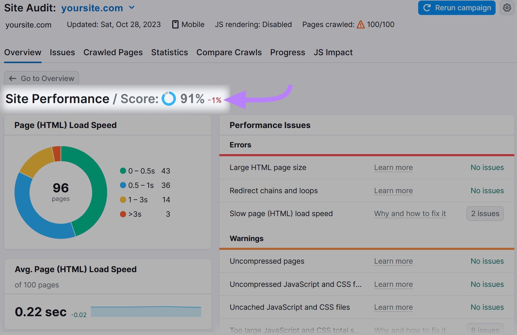 "Site Performance Score" shows "91%" which is "-1%" change from the previous month