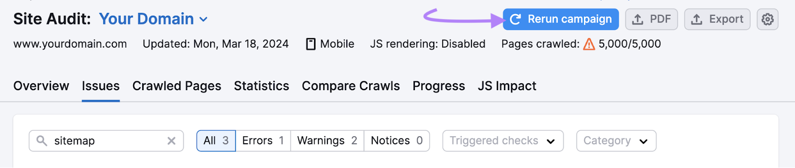 “Rerun campaign” button in Site Audit