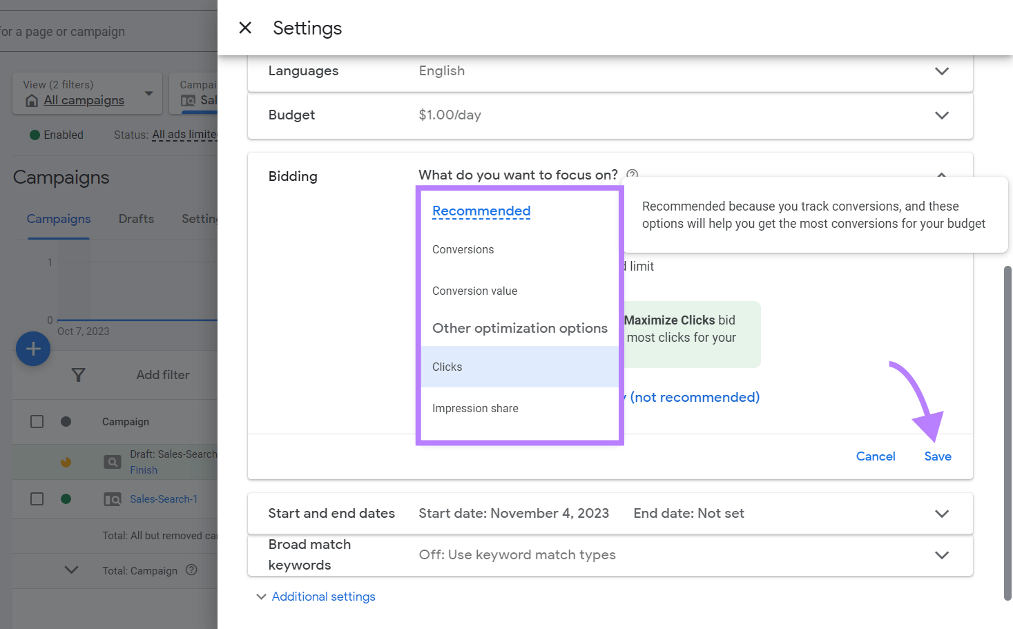 Bidding focus drop-down menu