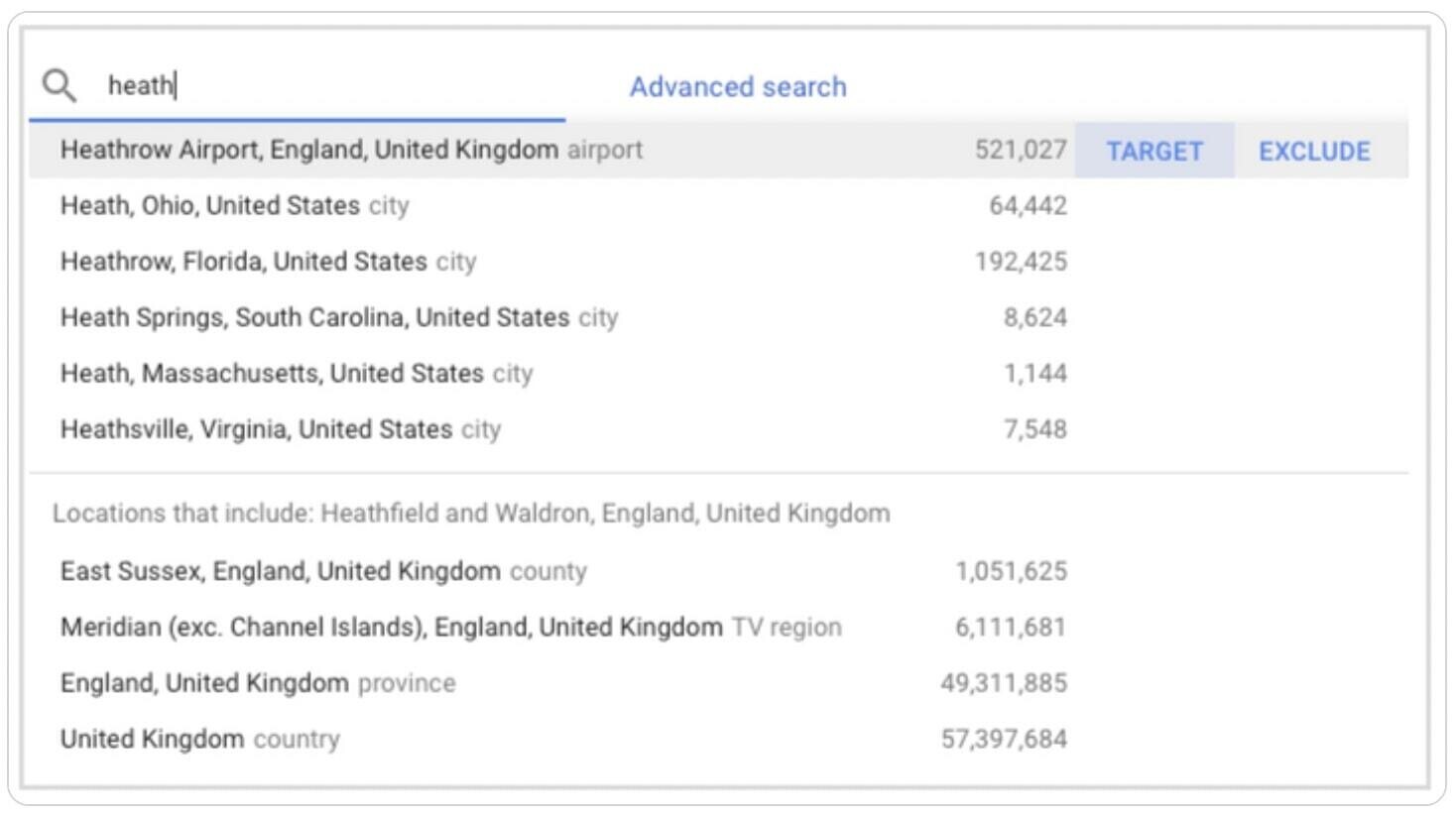 "heath.." advanced search in targeting gives autocomplete options for "Heath, Ohio, United States," "Heathrow, Florida, United States" and other cities and countries