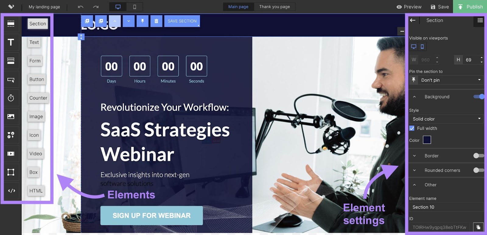 Preview of the "SaaS Webinar" template in the Semrush Landing Page Builder with elements and element’s settings highlighted