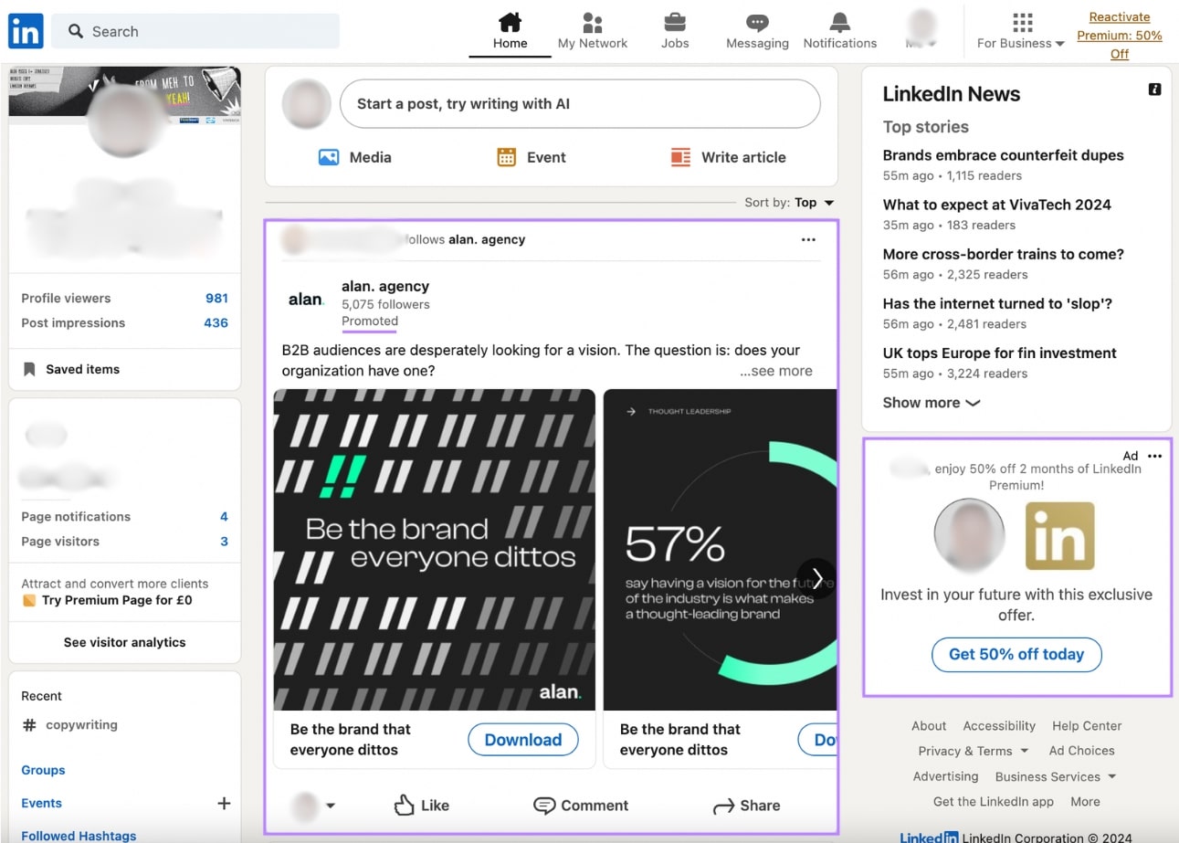 LinkedIn profile feed with promoted ads highlighted