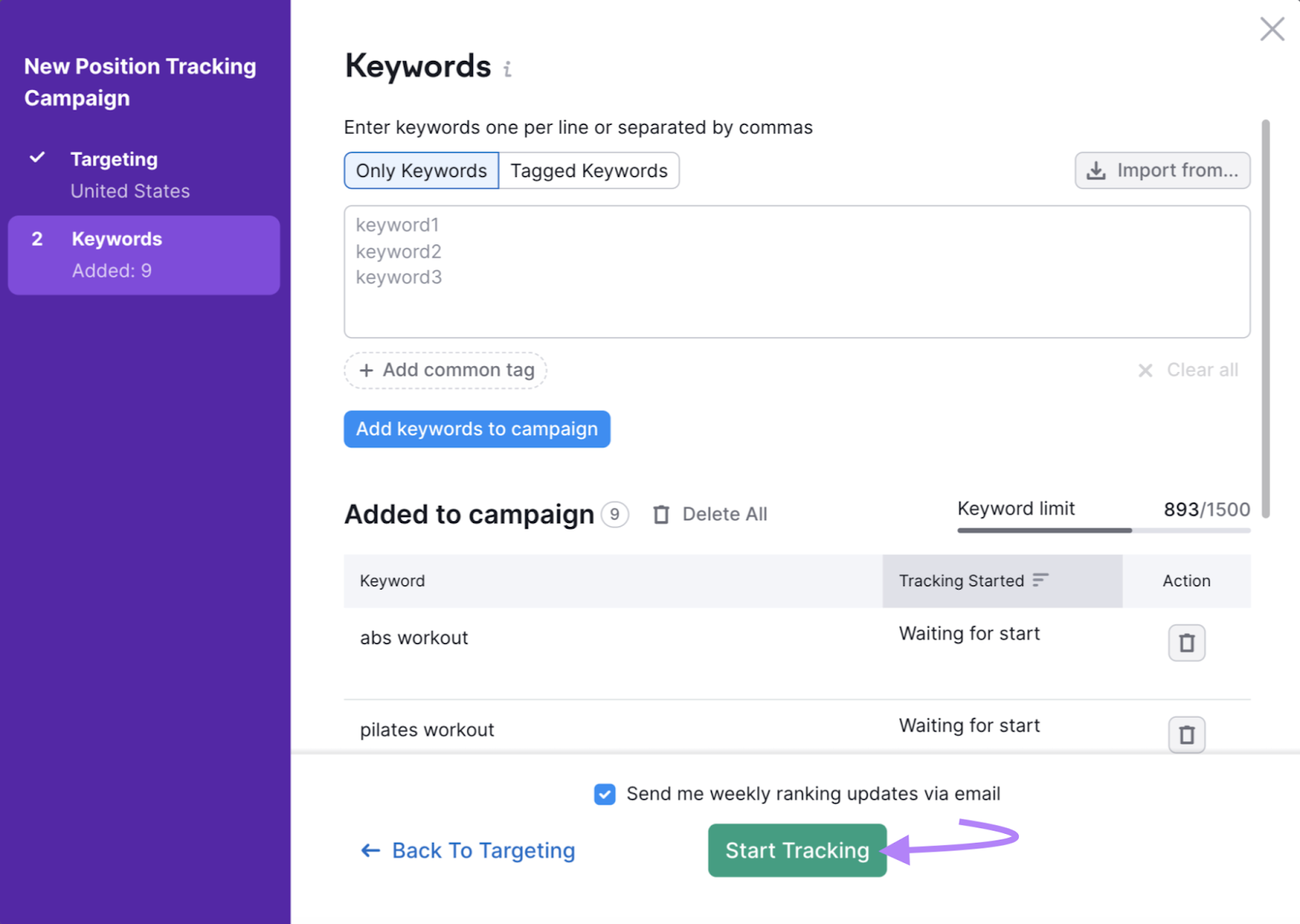 “Keywords” section of Position Tracking tool settings