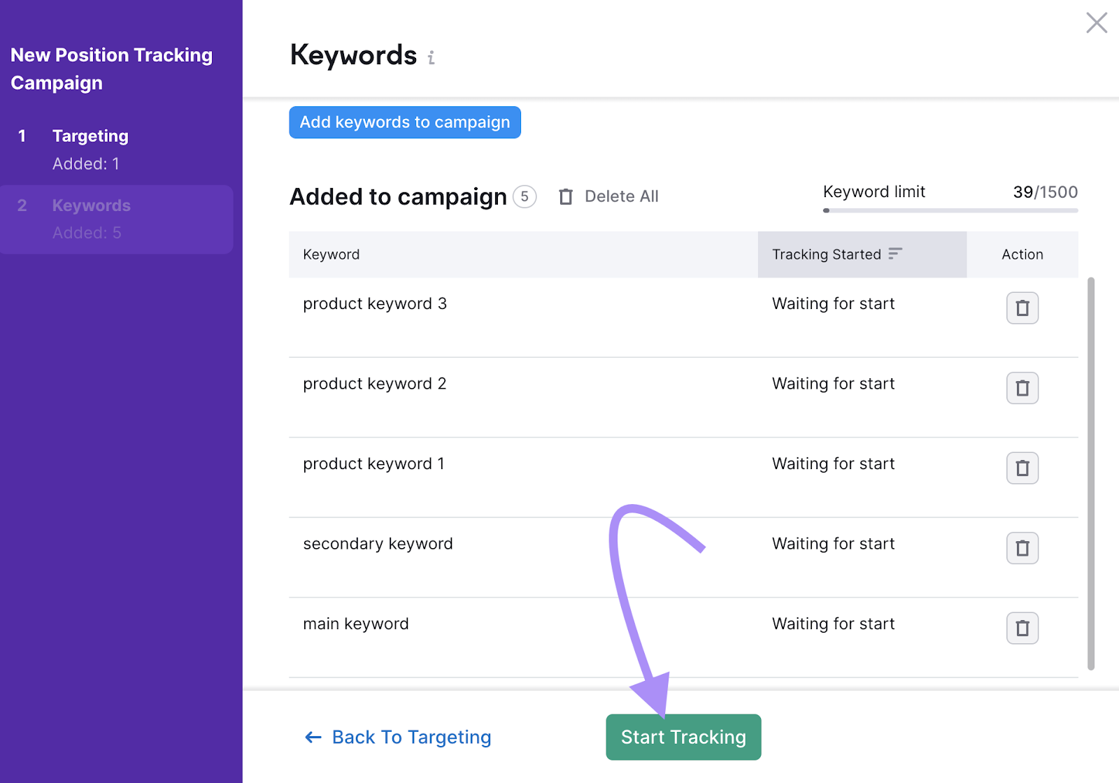 Position Tracking tool keywords settings page