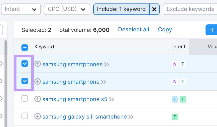 Keyword magic tool keyword list overview with the checkboxes to select specific keywords highlighted.