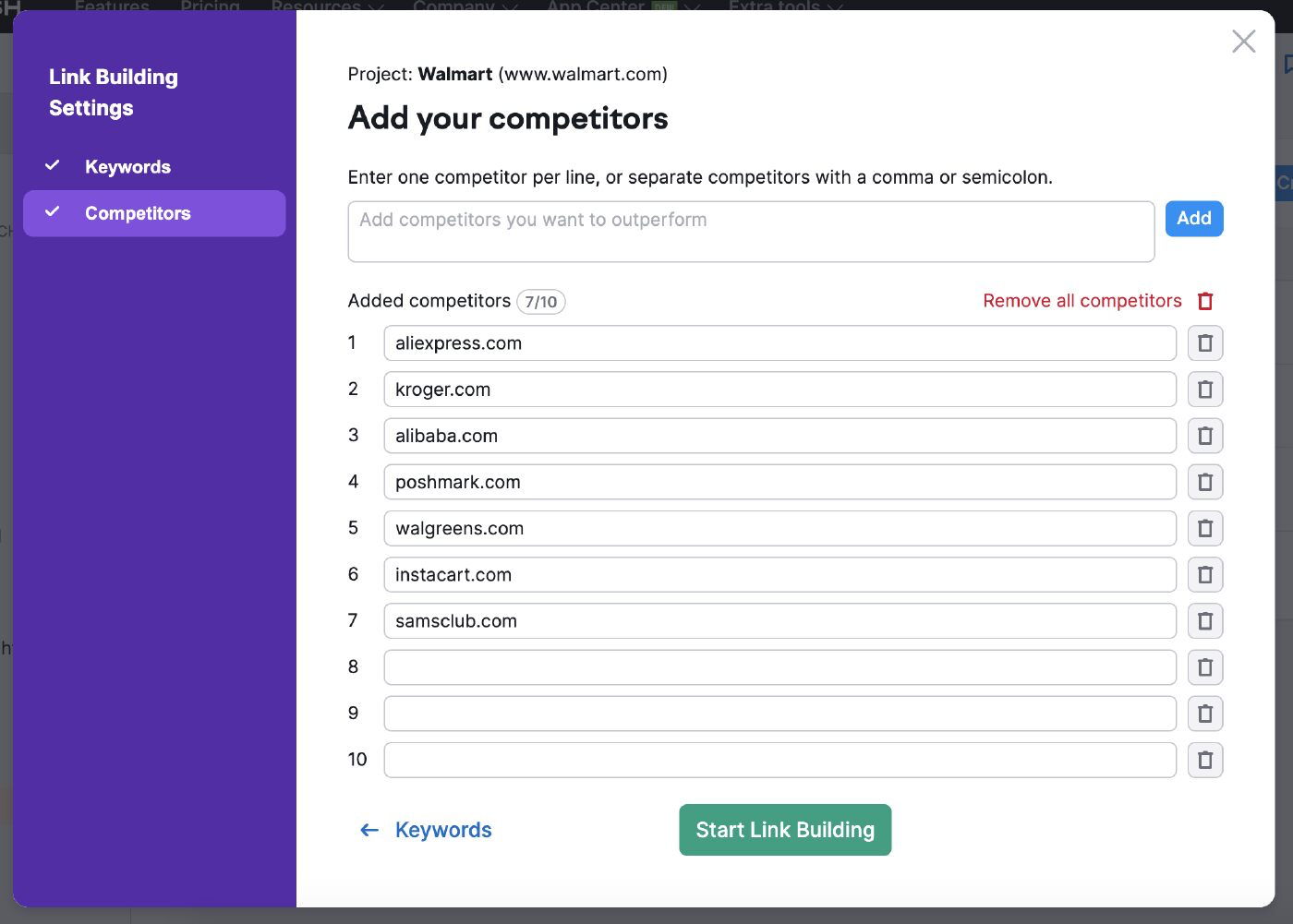 "Add your competitors" page in Link Building tool