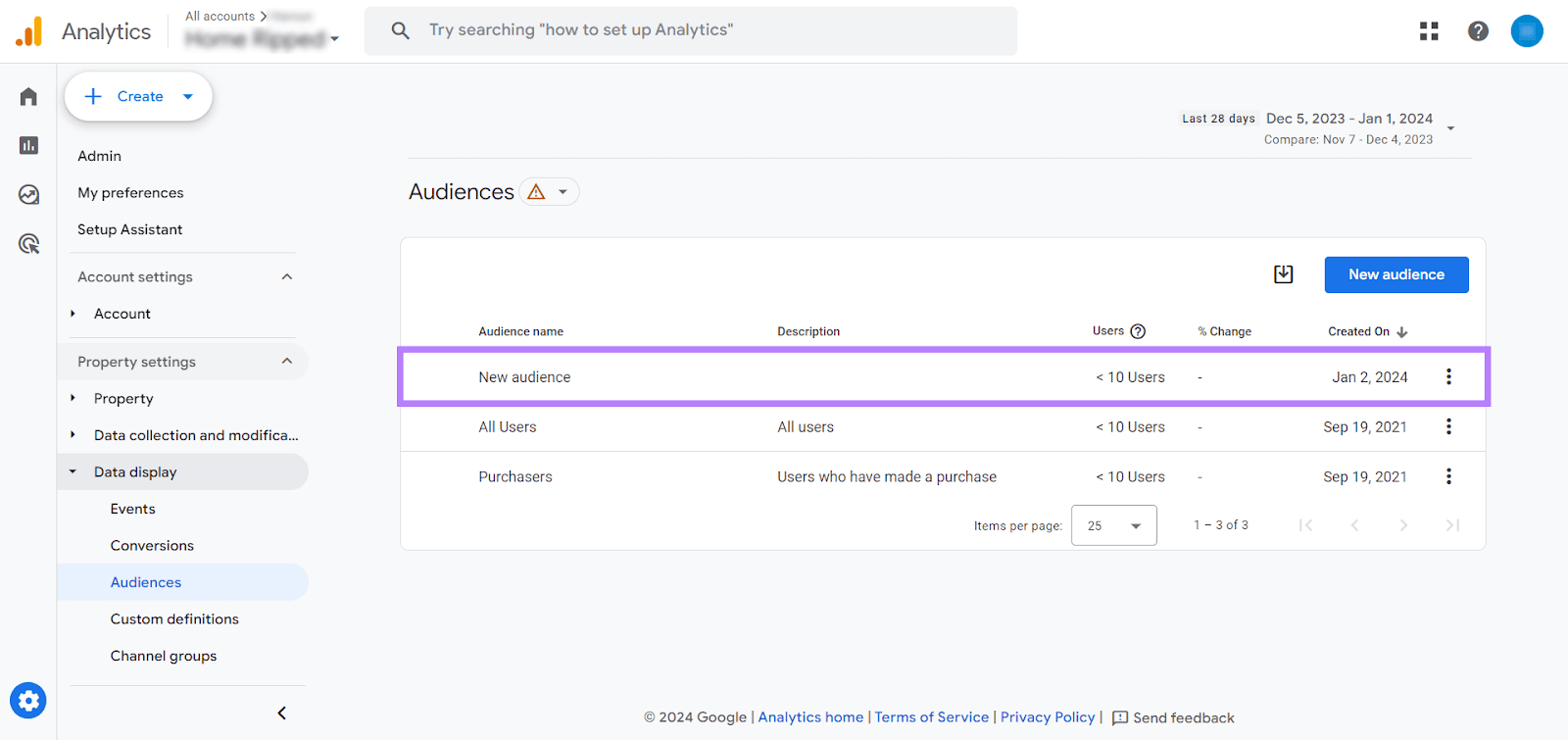 "Audiences" dashboard in GA4 with "New audiences" added