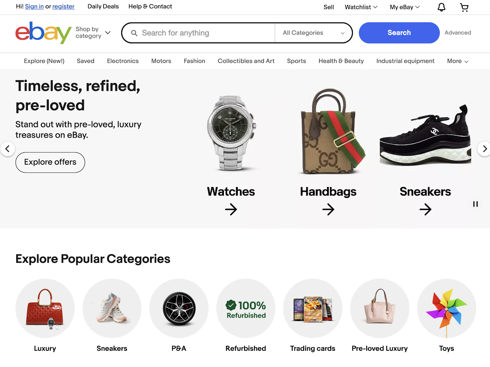 Ebay's home page shows items and categories to help begin your search