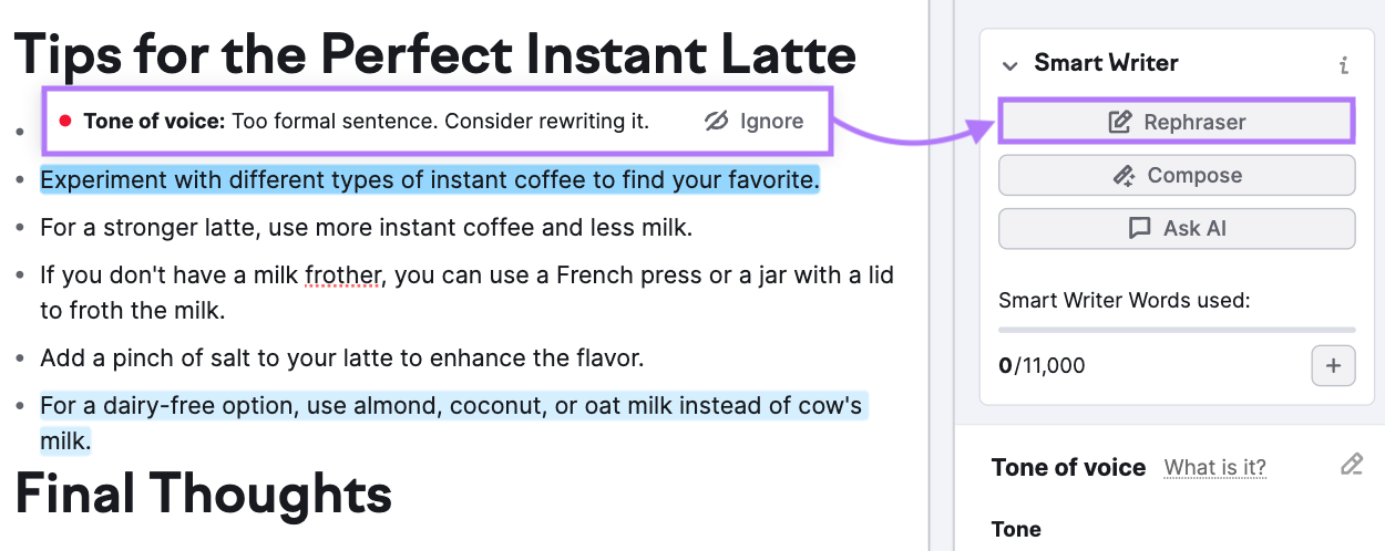 SEO Writing Assistant highlights sentences with different tone of voice, and helps you rephrase them