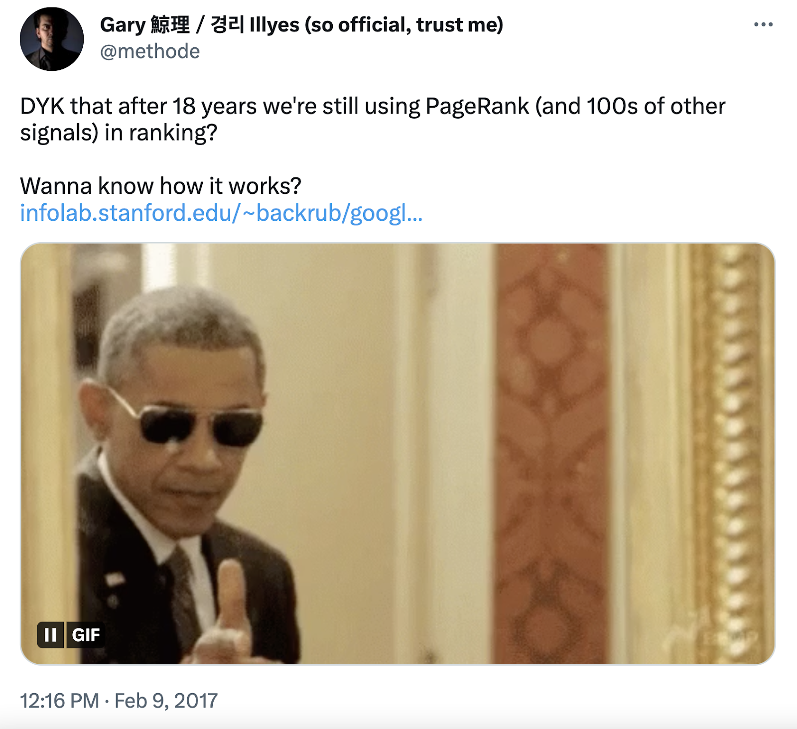 Screenshot of the Tweet by Gary Illyes says "DYK that after 18 years we're still using PageRank (and 100s of other signals) in ranking?" with gif of Obama