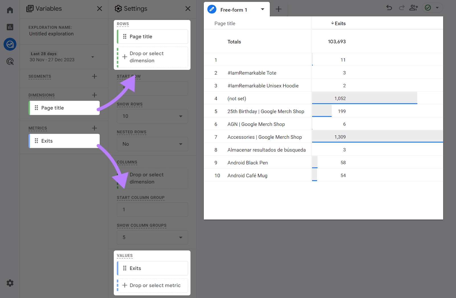 Adding “Page title” into the “ROWS” area and “Exits” metric to the “VALUES” area