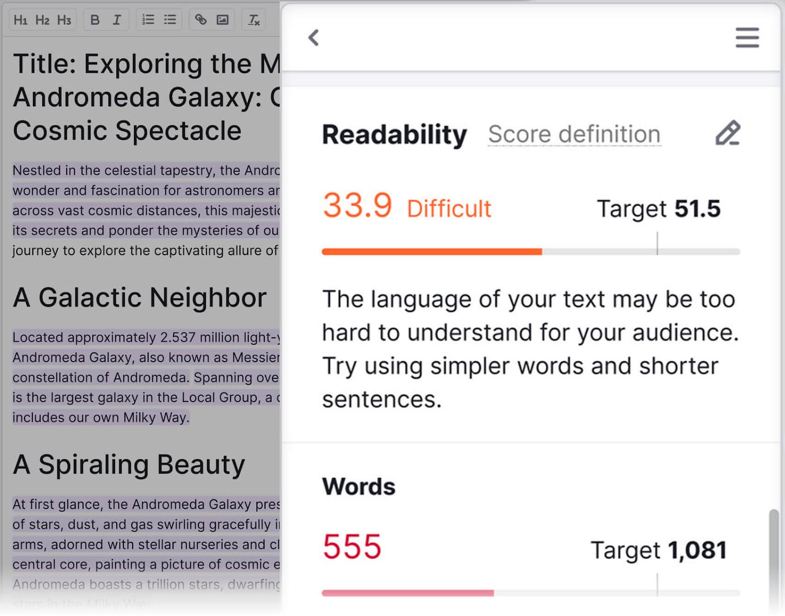 SEO Writing Assistant with an article about the Andromeda Galaxy and a readability analysis tool showing a score.