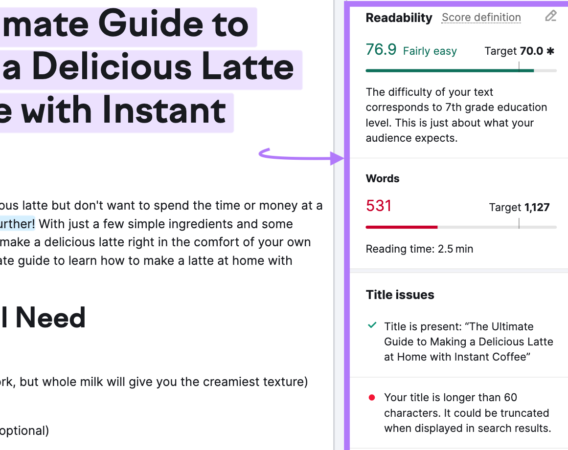 "Readability" section highlighted in SEO Writing Assistant editor
