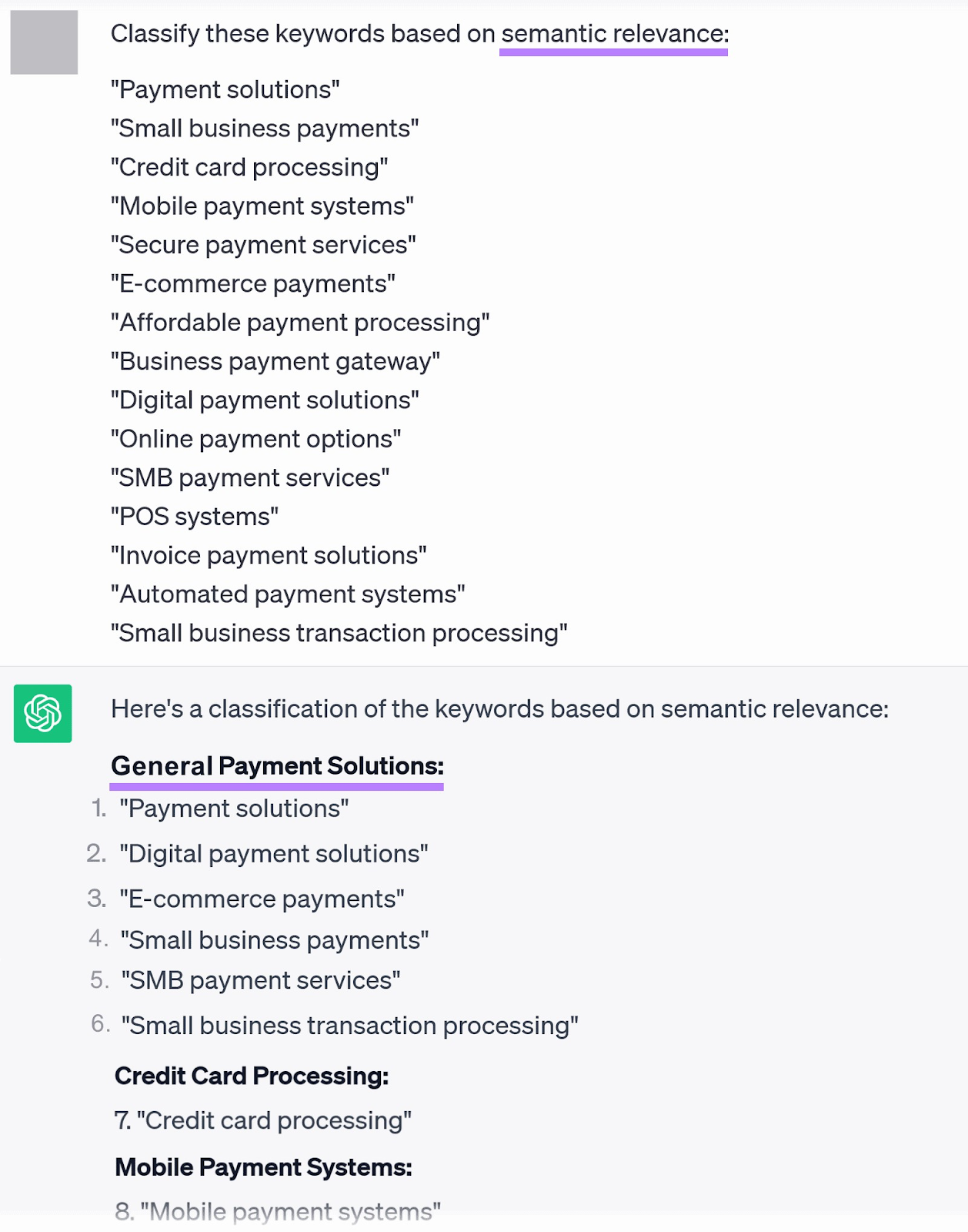 A prompt asking ChatGPT to classify a list of keywords based on semantic relevance