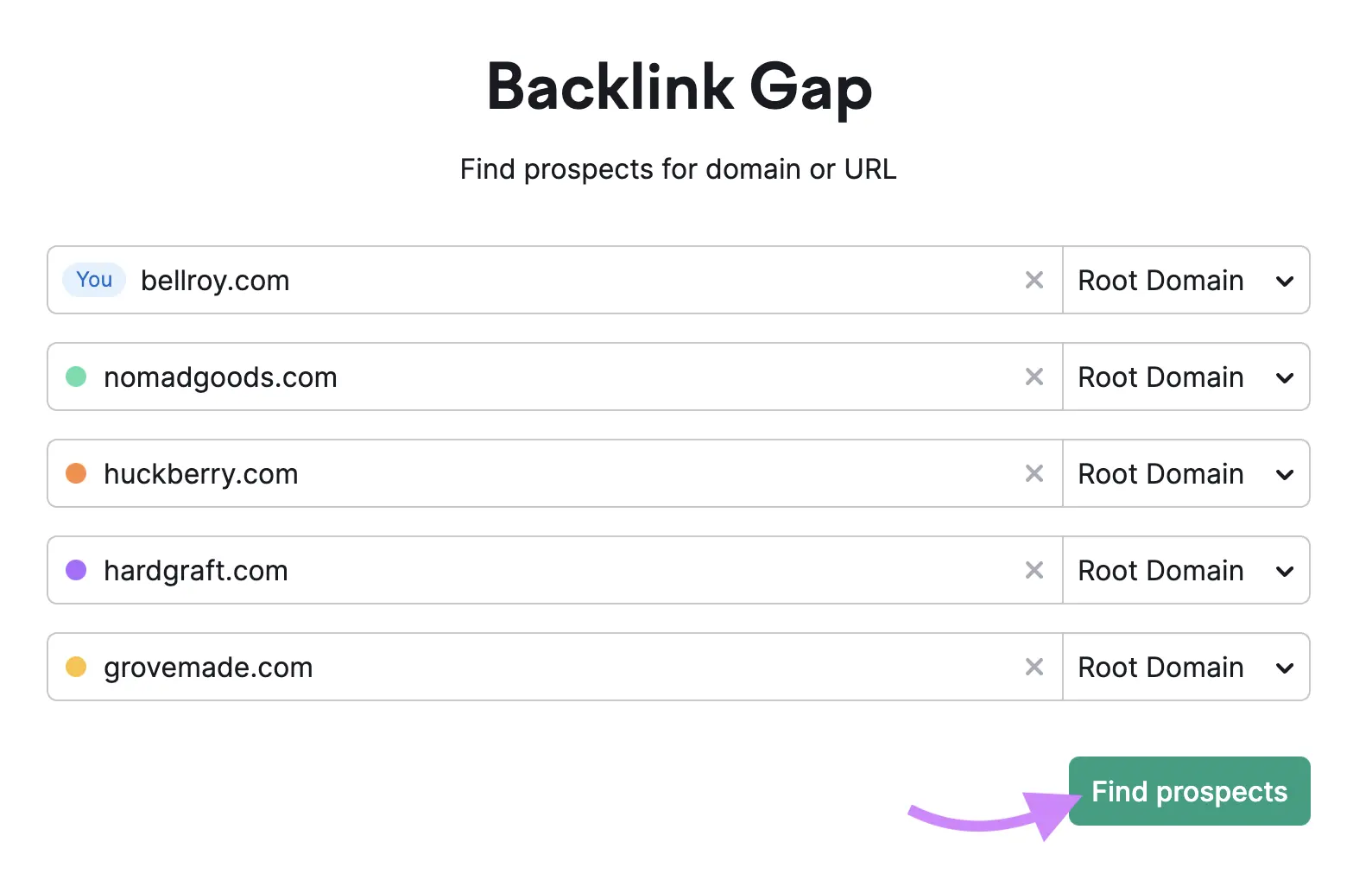 Backlink Gap tool start with domains entered and arrow pointing to 'Find prospects' button