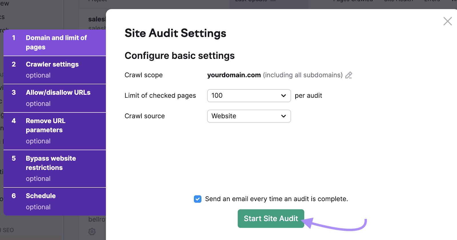 "Site Audit Settings" page