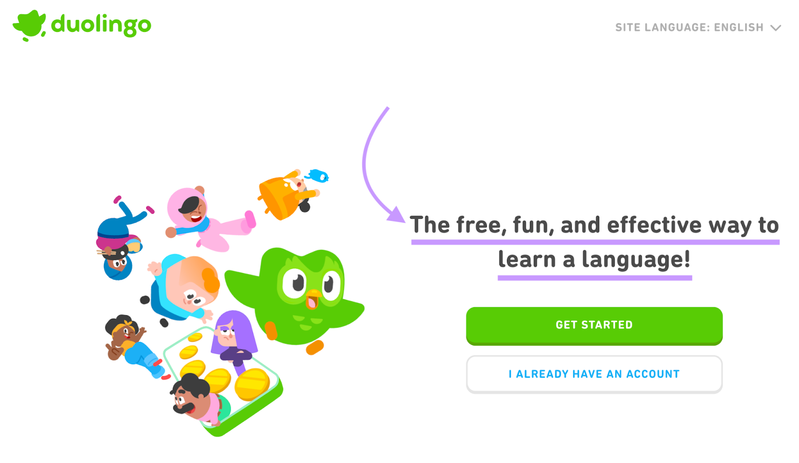 value proposition on duolingo's homepage says "the free, fun, and effective way to learn a language!"