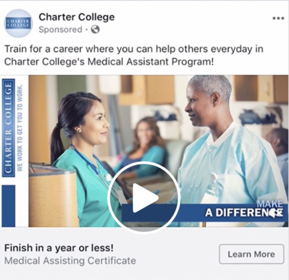 A slideshow ad from Charter College