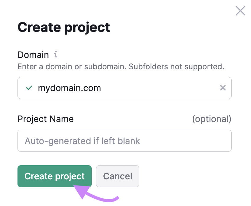 "Create project" pop-up window in Site Audit tool