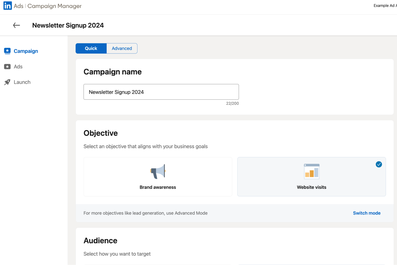LinkedIn campaign setting interface with website visits selected as the chosen objective