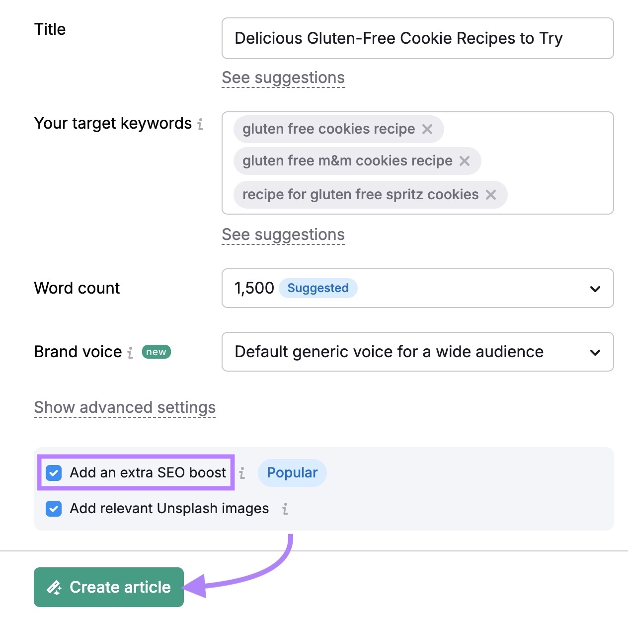 Article settings on ContentShake AI with options to customize the title, target keywords, word count, brand voice, etc. with "Create article" clicked.