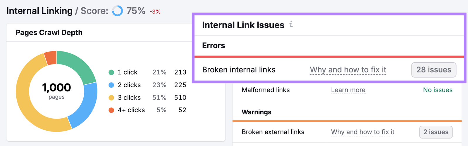 Broken internal link issues are highlighted.