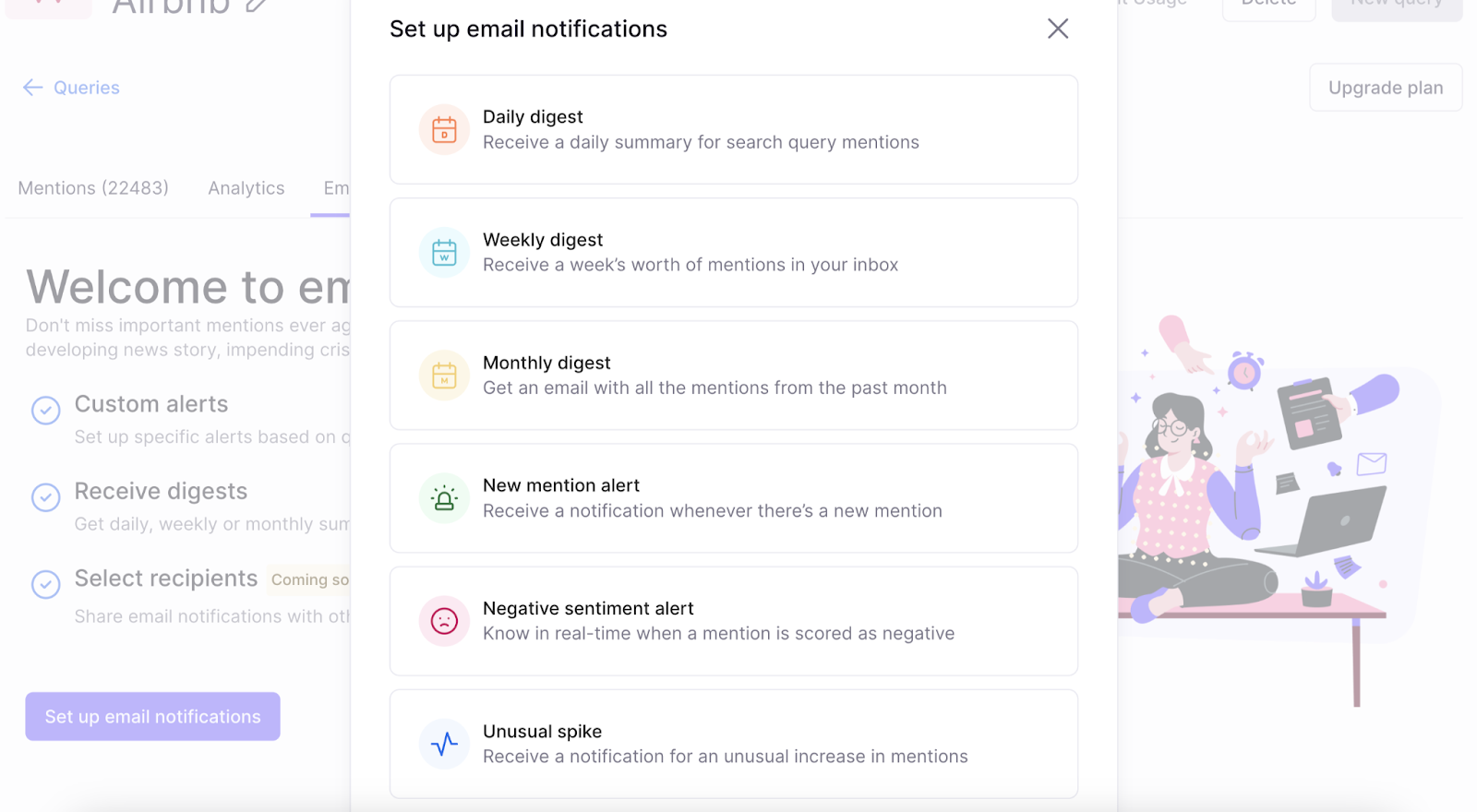 Options for daily, weekly, and monthly digest emails of brand mentions as well as new mention, negative sentiment, and unusual spike alerts