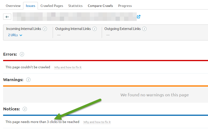 Click Depth report in SEMrush