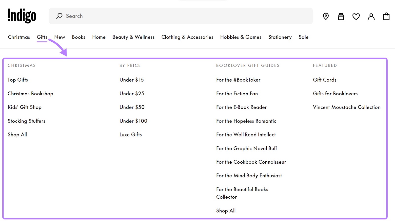 "Gifts" submenu opened on the Indigo website