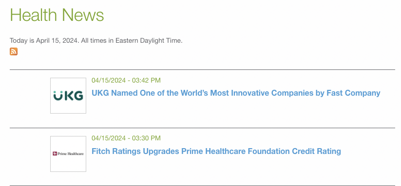Health news RSS feed lists press releases related to the industry