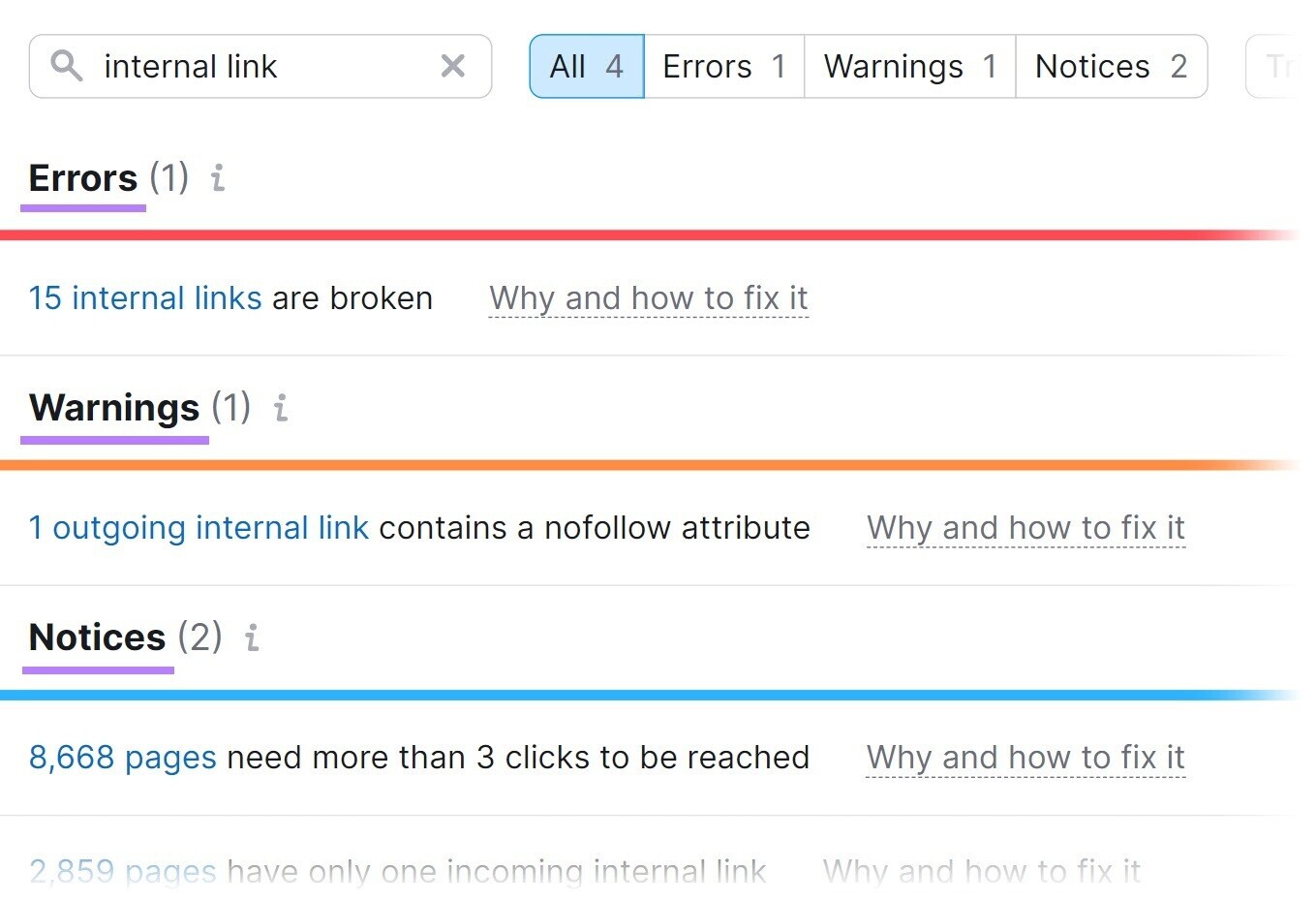 The issues in the Site Audit tool include errors, warnings and notices